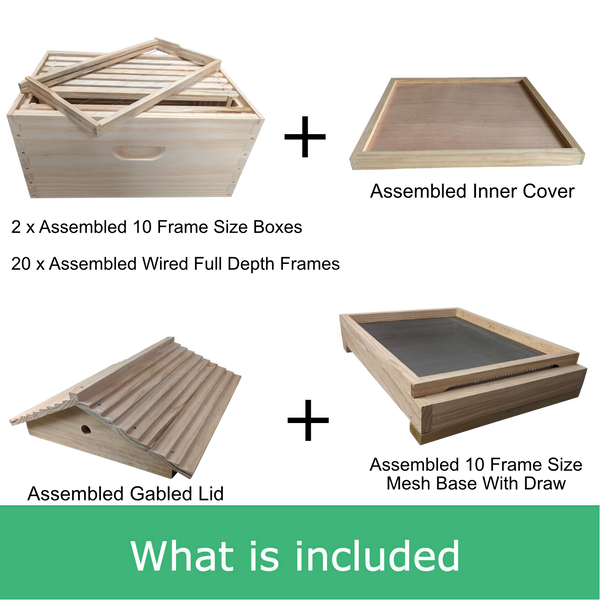 Fully Assembled Double Beehive - 10 Frame Kit With 2 Boxes, Mesh Base, Gabled Lid and Assembled Wired Frames