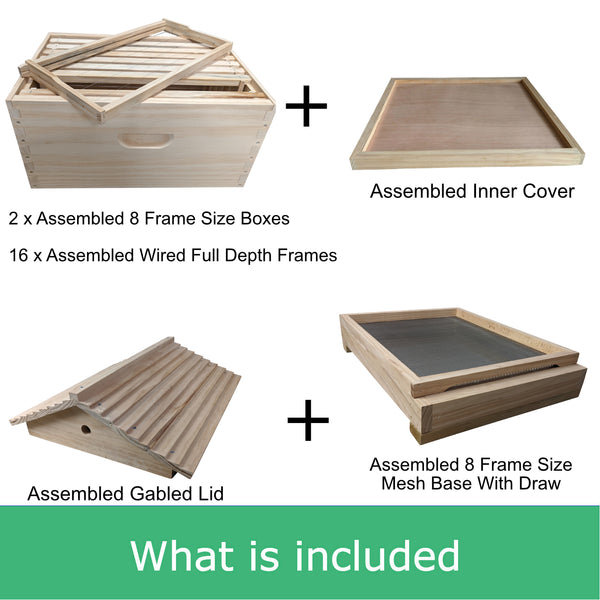 Fully Assembled Double Beehive - 8 Frame Kit With 2 Boxes, Mesh Base, Gabled Lid and Assembled Wired Frames