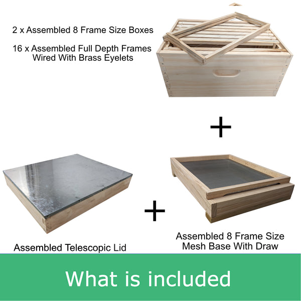 Fully Assembled Double Beehive - 8 Frame Kit With 2 Boxes, Mesh Base, Telescopic Lid and Assembled Wired Frames
