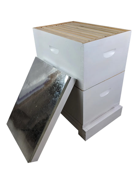 Fully Assembled Double Beehive - 10 Frame Kit With 2 Boxes, Mesh Base, Migratory Lid and Assembled Wired Frames