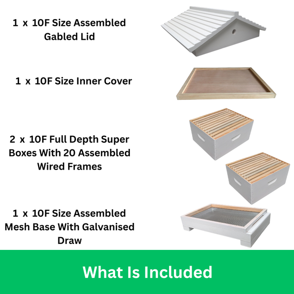 Fully Assembled Double Beehive - 10 Frame Kit With 2 Boxes, Mesh Base, Gabled Lid and Assembled Wired Frames