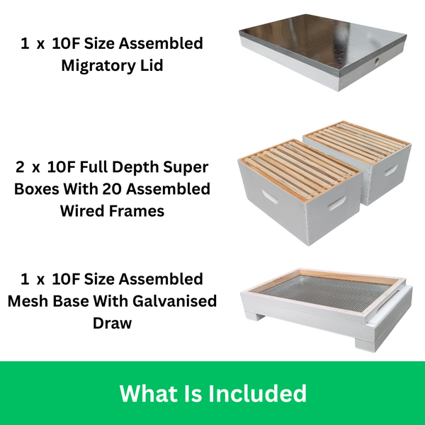 Fully Assembled Double Beehive - 10 Frame Kit With 2 Boxes, Mesh Base, Migratory Lid and Assembled Wired Frames