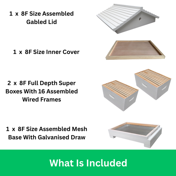 Fully Assembled Double Beehive - 8 Frame Kit With 2 Boxes, Mesh Base, Gabled Lid and Assembled Wired Frames