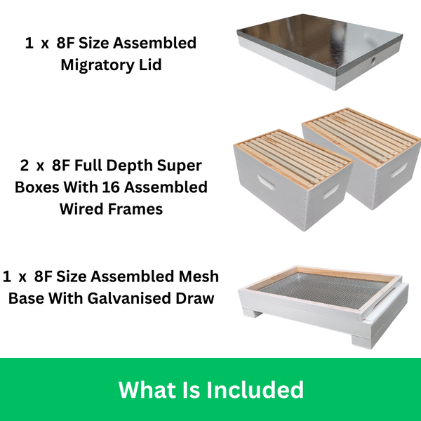 Fully Assembled Double Beehive - 8 Frame Kit With 2 Boxes, Mesh Base, Migratory Lid and Assembled Wired Frames