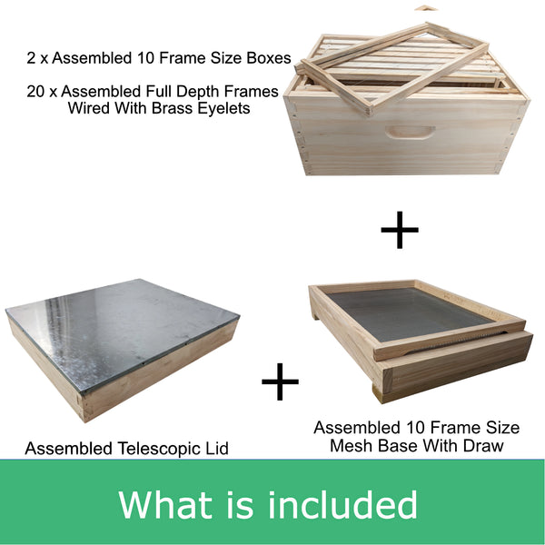 Fully Assembled Double Beehive - 10 Frame Kit With 2 Boxes, Mesh Base, Telescopic Lid and Assembled Wired Frames