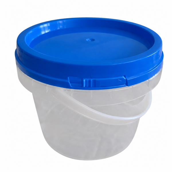 1kg honey bucket with blue lids 840ml clear bucket