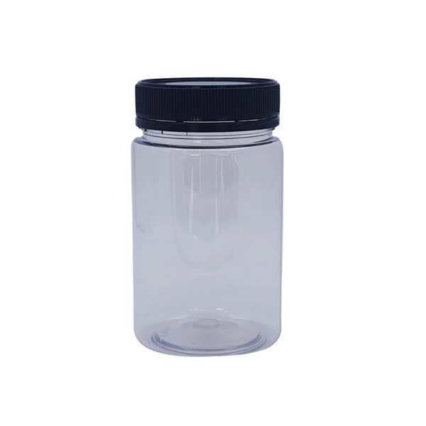 Round plastic honey jars 500g with tamper proof lid - black lid