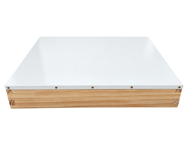 Side view of an 8 frame telescopic hive lid showing the timber rim that overhangs the box