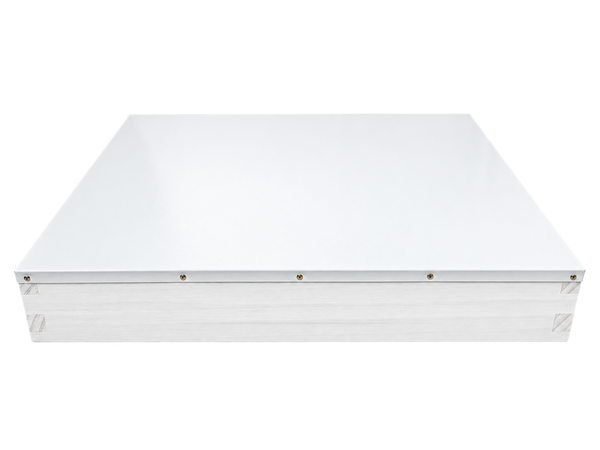 Side profile of a white painted 10 frame telescopic hive cover
