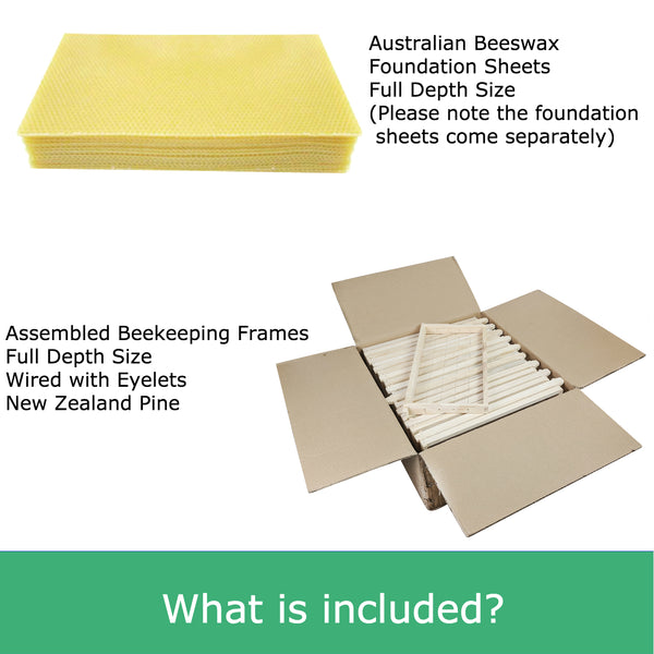 Assembled full depth beekeeping frames and Australian beewax foundation